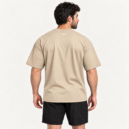 Camiseta Oversized Premium Grexx bege — costas com símbolo XX na nuca