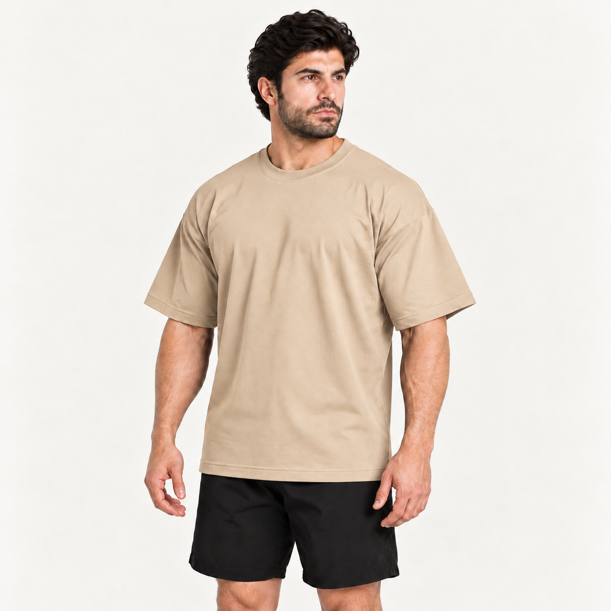 Camiseta Oversized Premium Grexx bege — vista três quartos
